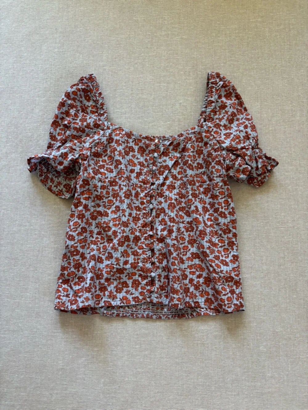 Madewell Rust Floral Square-Neck Puff Sleeve Top